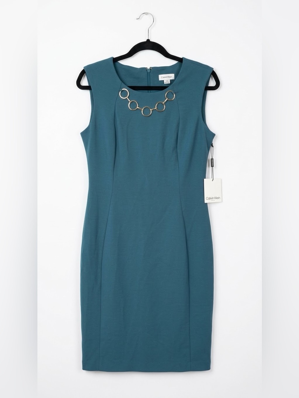 NWT Calvin Klein Teal Sleeveless Sheath Dress with Gold Ring Detail